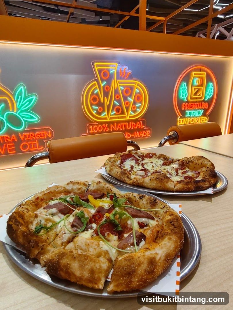 Pizzas on a table with neon signs
