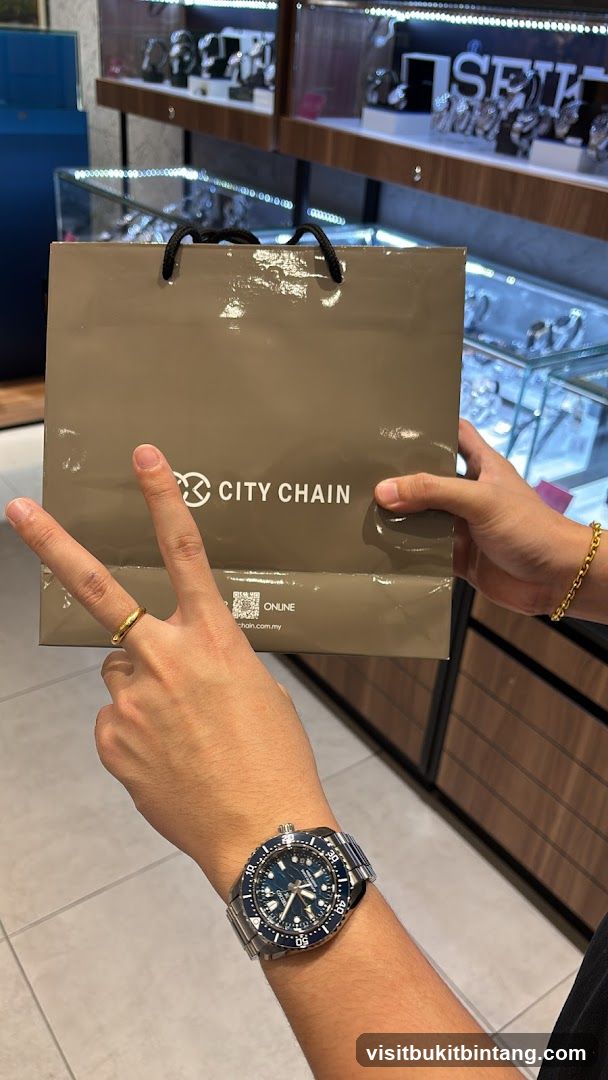 Person holding a shopping bag with a watch on their wrist