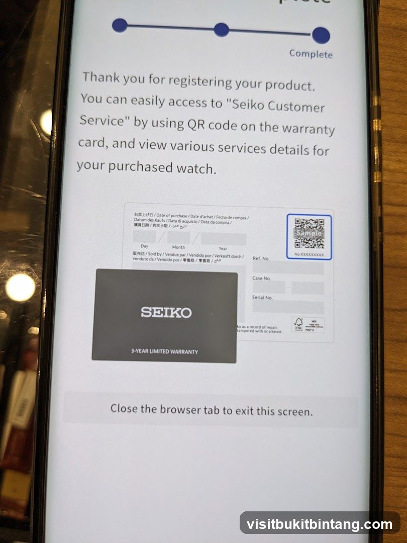Seiko Product Registration Confirmation