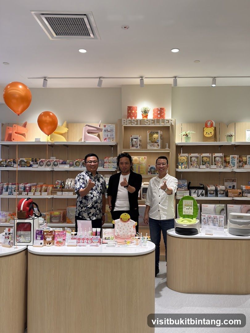 Three men posing in a store