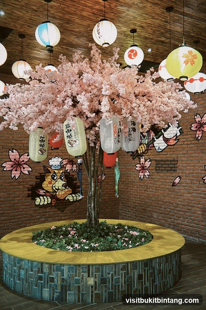 Japanese-themed decor with cherry blossom tree and lanterns