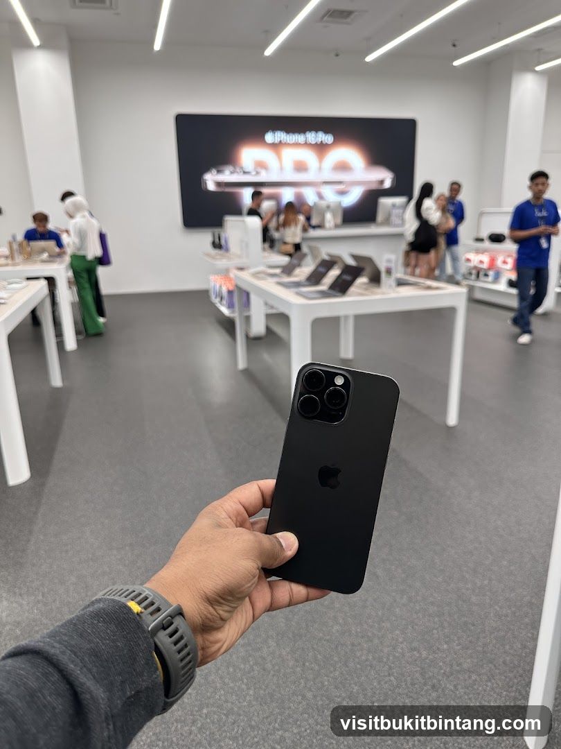 Person holding a black iPhone in a store