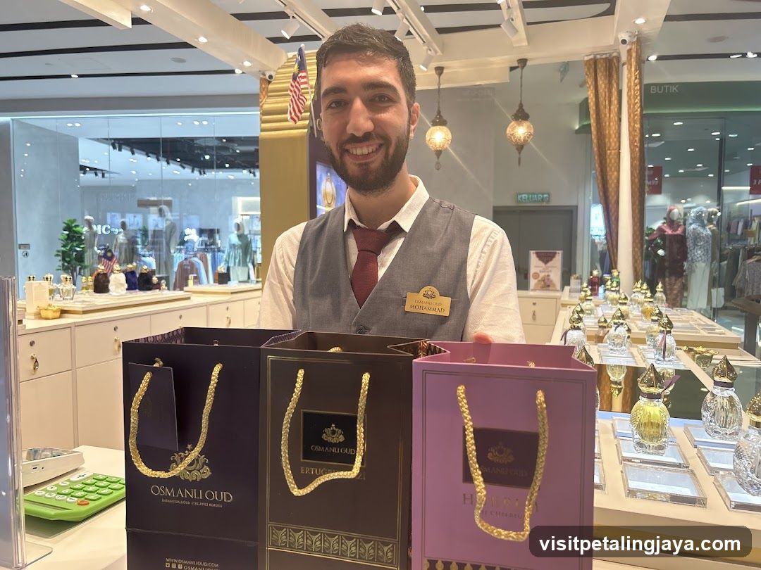 Perfume Shop Interior with Staff and Shopping Bags