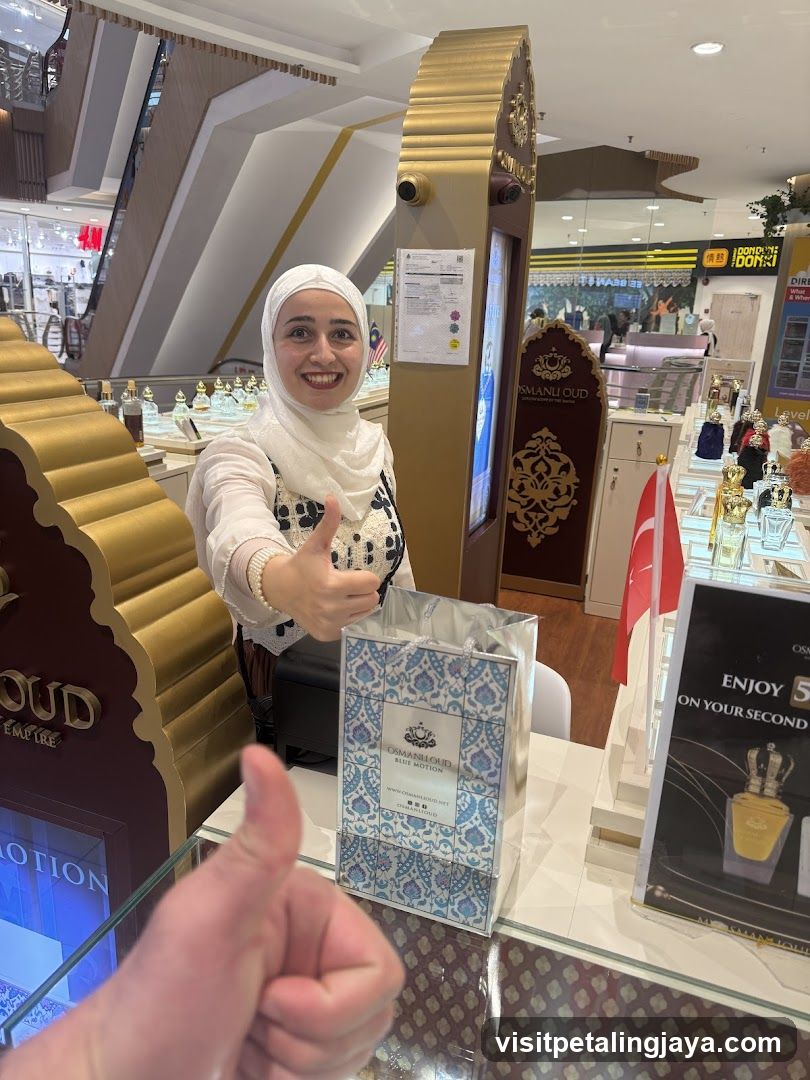 Perfume Shop Interior with Staff and Gift Bag