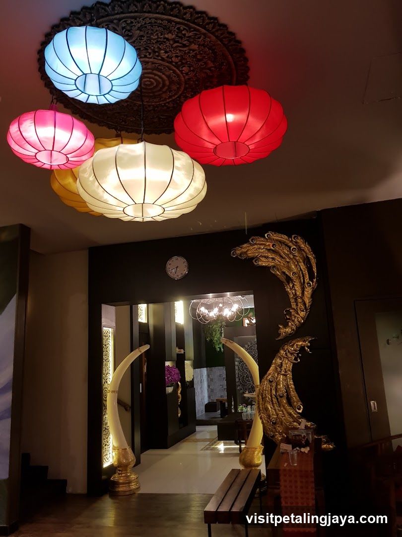 Interior with colorful lanterns and decorative elements
