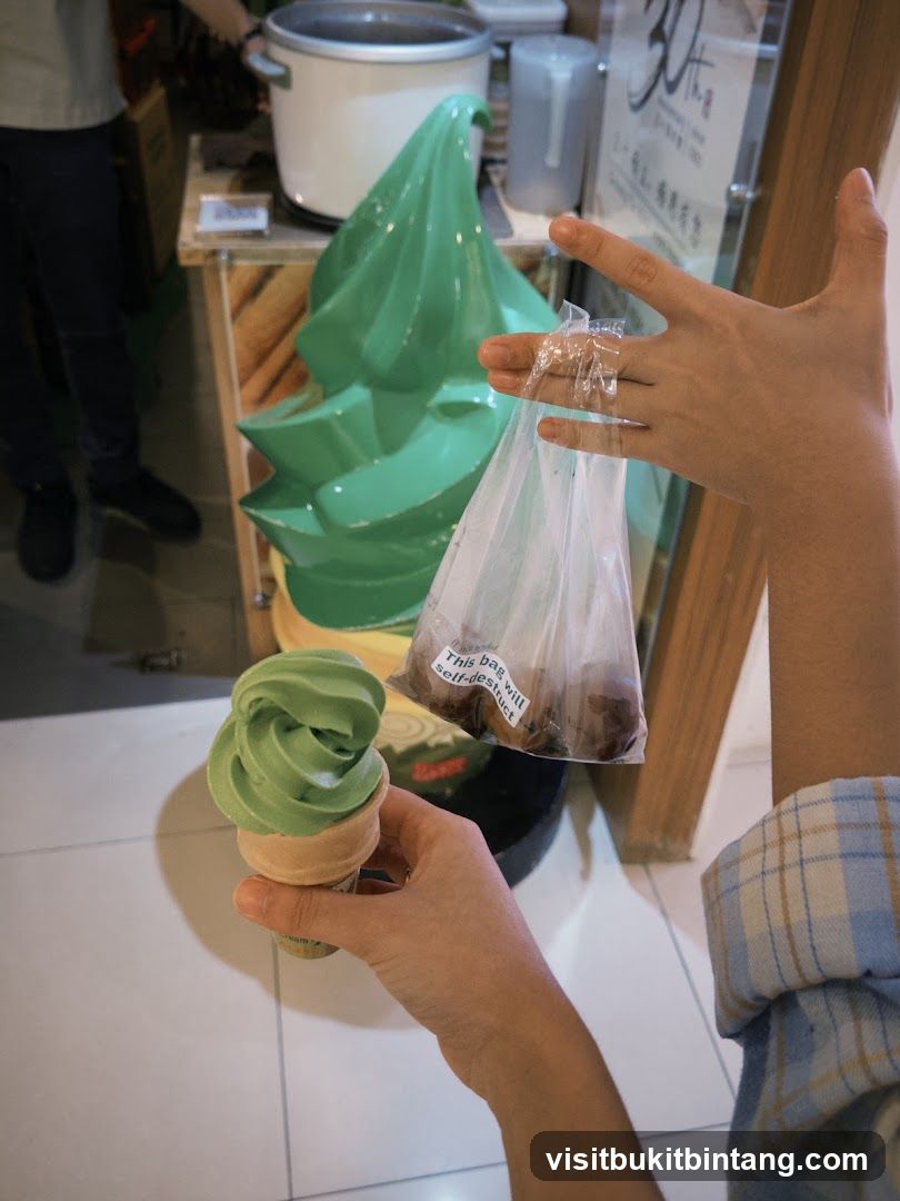 Person holding ice cream cone and bag