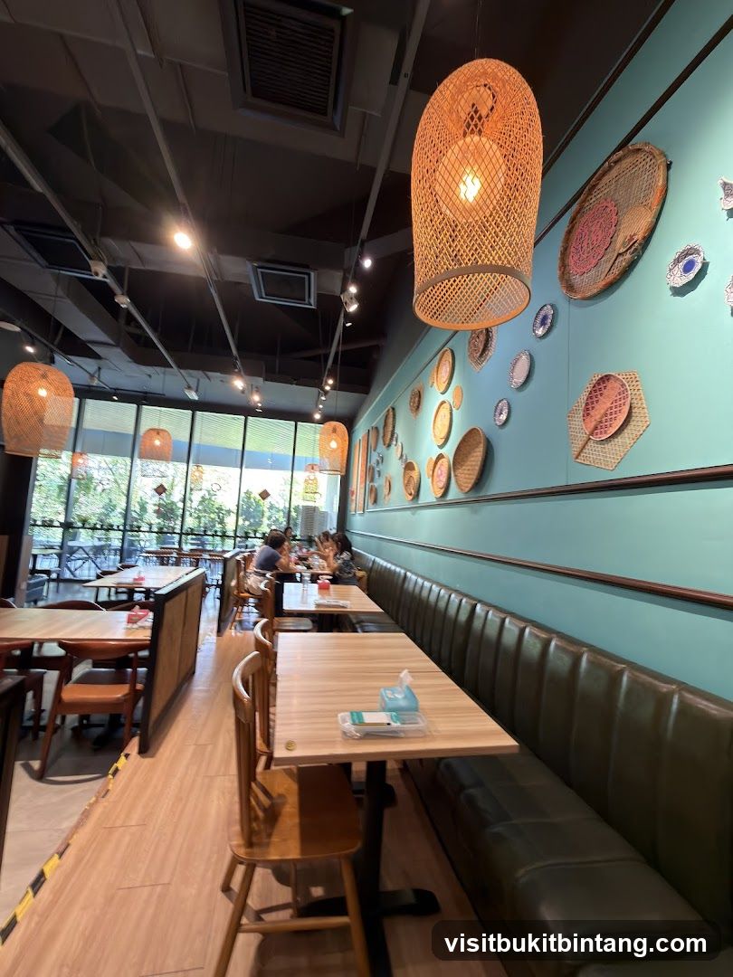 Restaurant Interior with Woven Lamps and Wall Decor