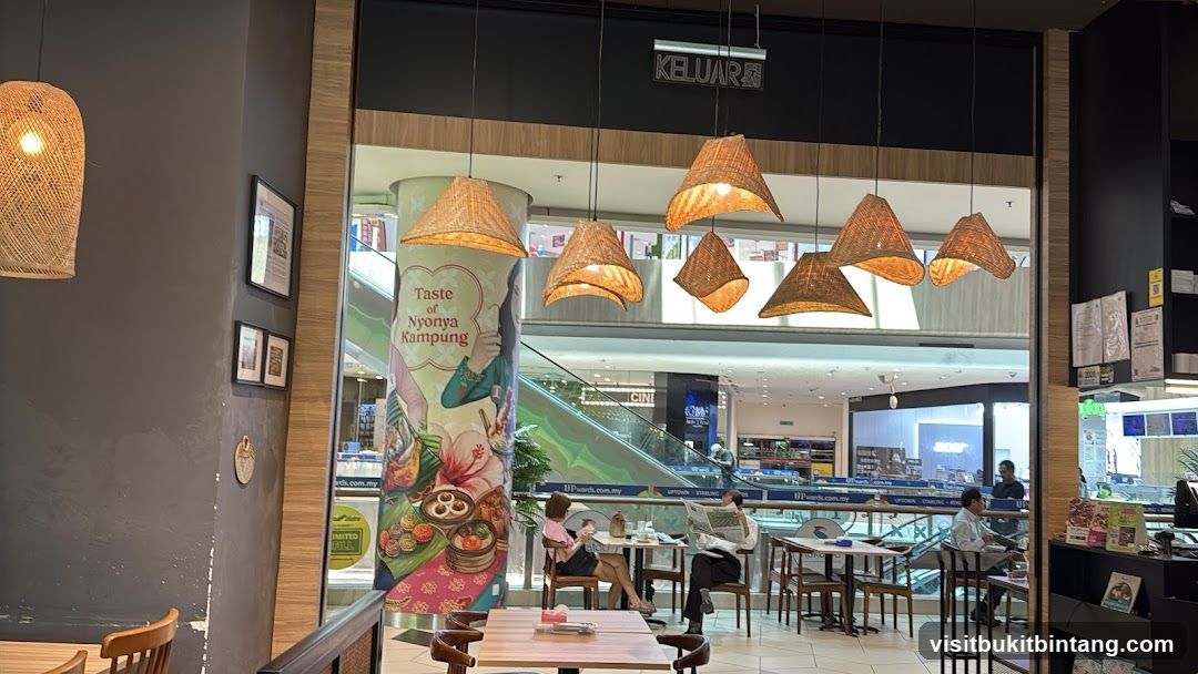 Restaurant Interior with Woven Lamps and Mall View