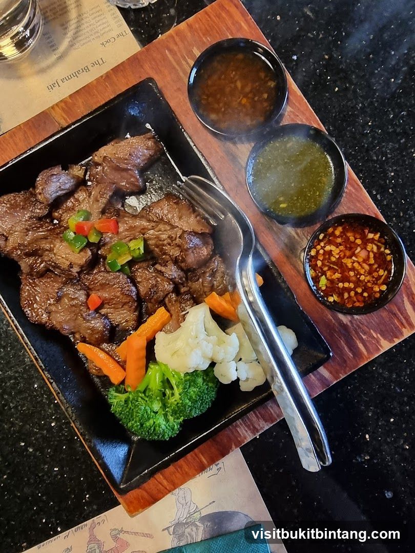 Sizzling Steak with Vegetables and Sauces