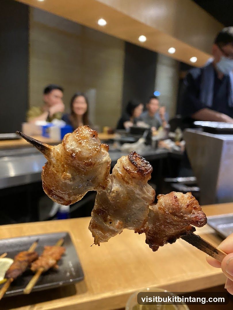 Close-up of grilled skewers in a restaurant