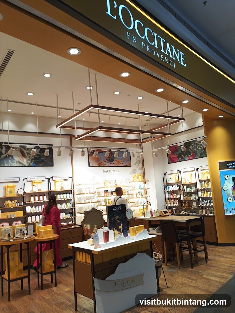 The exterior of a L'Occitane en Provence store, with its prominent signage visible above the entrance. Inside, shelves are stocked with various beauty and skincare products. Two customers are browsing the merchandise. The store features warm lighting and a clean, organized display of products.