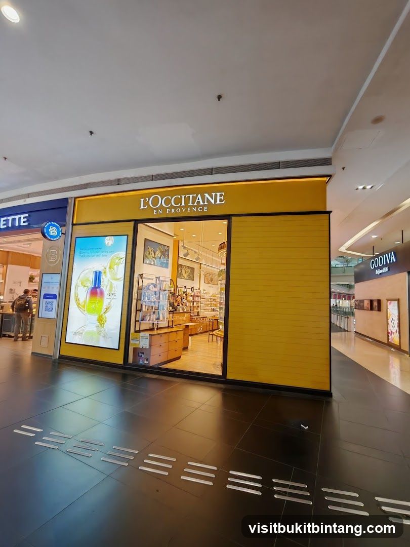The exterior of a L'Occitane en Provence store in a mall. The storefront features a bright yellow facade with the brand's name prominently displayed above the entrance. A large advertisement for a beauty product is visible on the left side of the entrance. The interior of the store, filled with shelves of products, is visible through the glass windows.