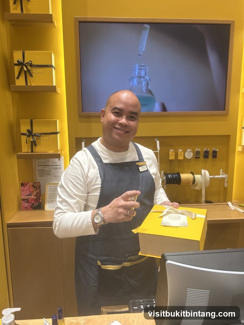Sales associate spraying a gift box