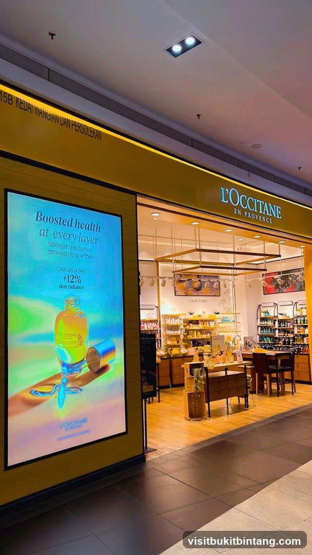 The exterior of a L'Occitane En Provence store. A large digital advertisement is displayed on the left, showcasing a skincare product with the text "Boosted health at every layer" and "Clinically proven +12% skin radiance." The store's name, "L'OCCITANE EN PROVENCE," is visible above the entrance. Inside, shelves are stocked with various beauty products, and a seating area with chairs and a table is visible.