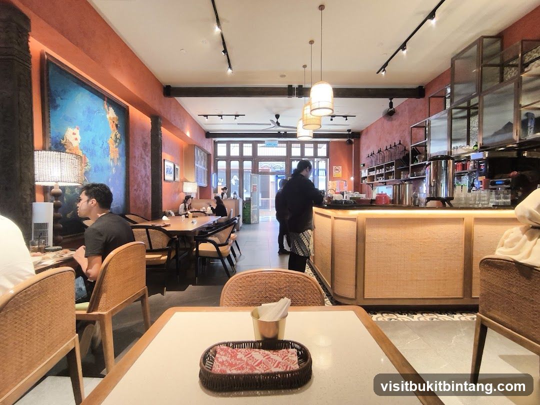 Interior of a cafe with patrons and a counter