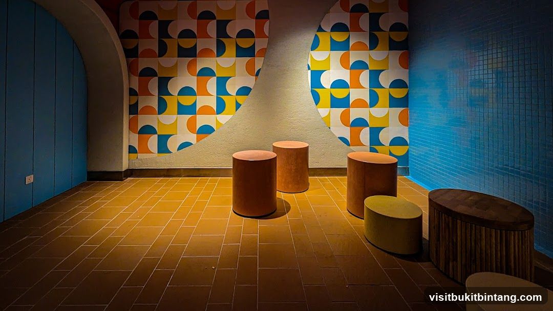 Modern Seating Area with Geometric Mural