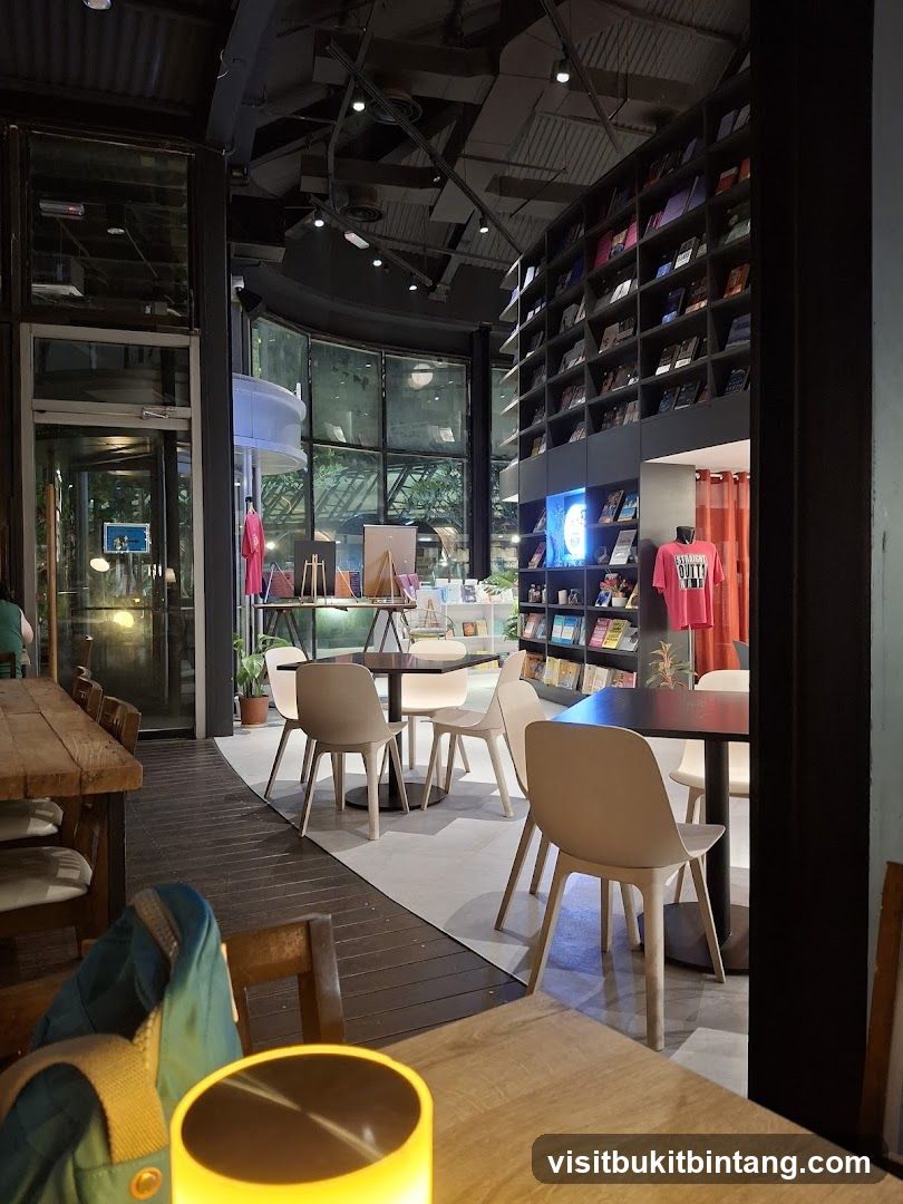 Modern Cafe Interior with Bookshelves