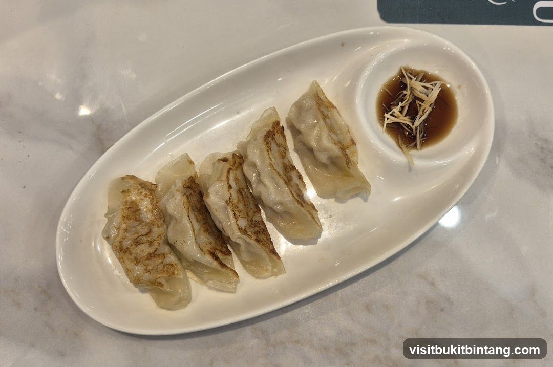 Pan-fried dumplings with dipping sauce