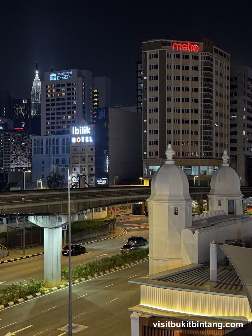 Cityscape at Night with Buildings and Elevated Train Track
