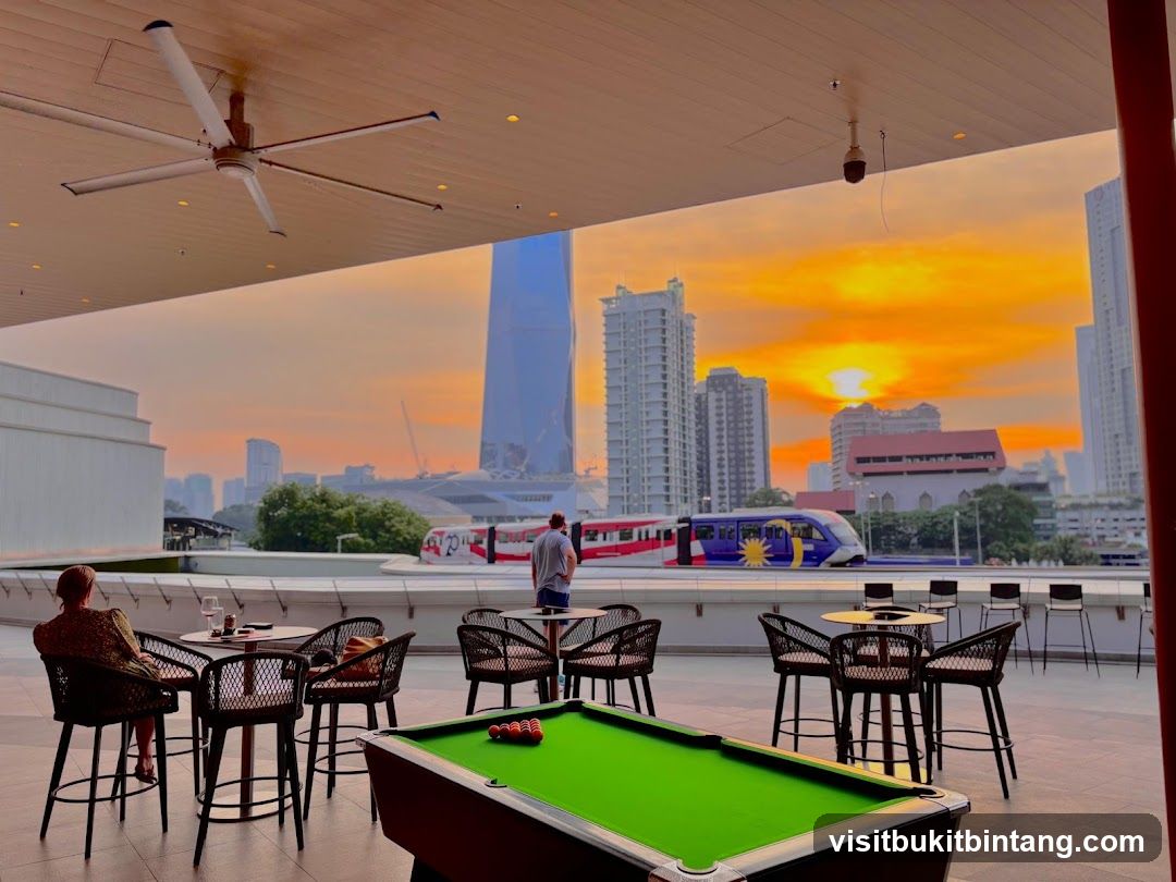 Rooftop bar with city view at sunset