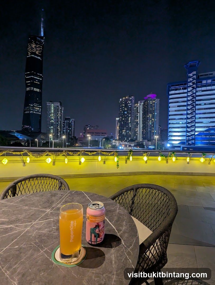 Rooftop drinks with city view at night