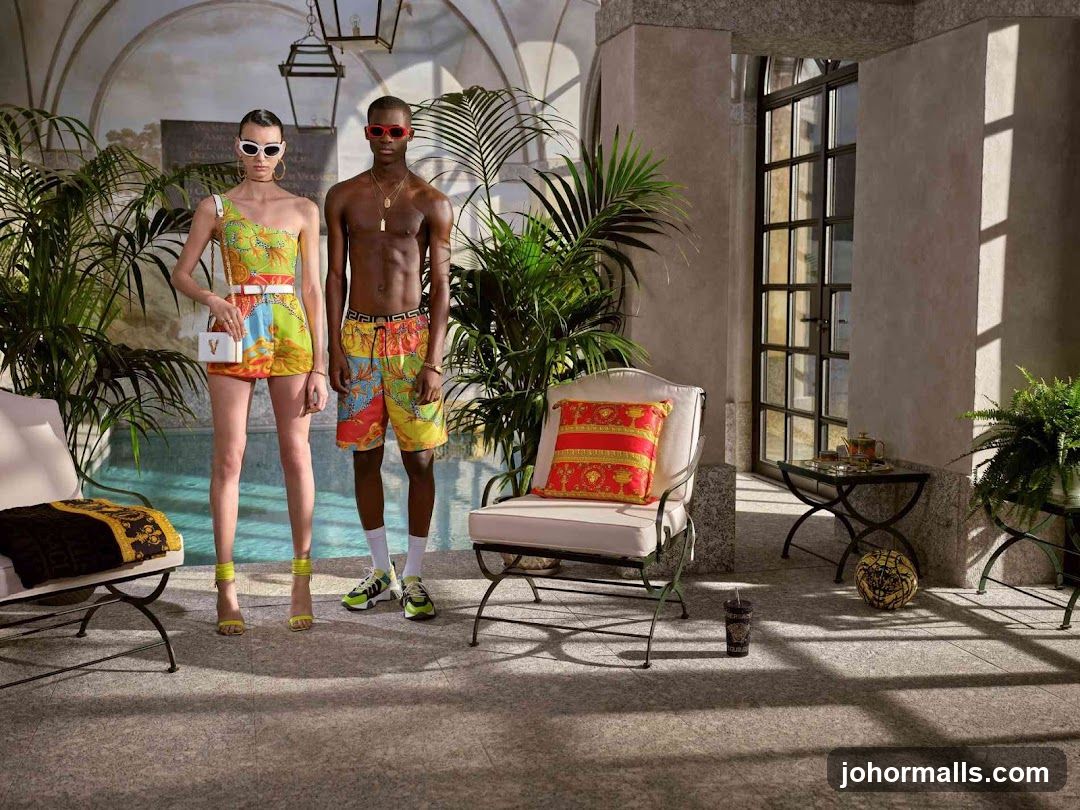 Models in Versace Swimwear by a Pool