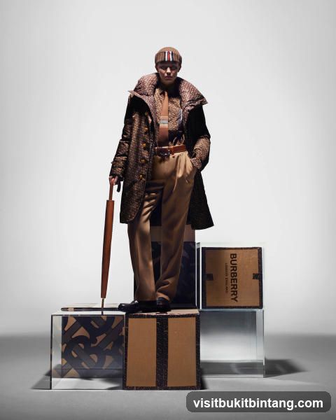 Man in Burberry Outfit with Umbrella and Boxes